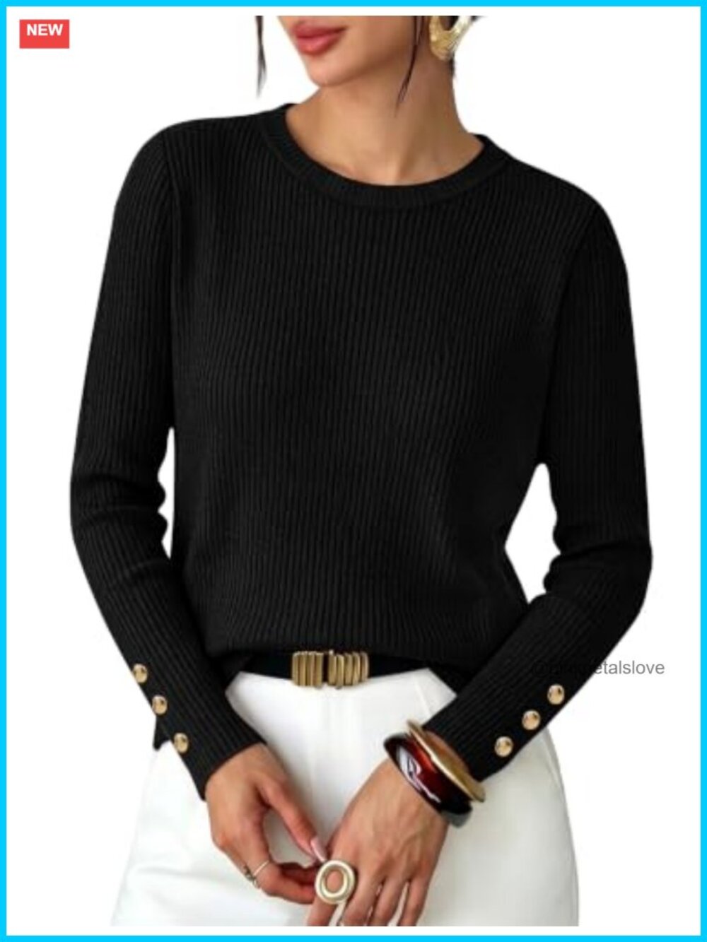 Womens Ribbed Knit Pullover Sweater Crew Neck Long Sleeve Gold Cuff Buttons